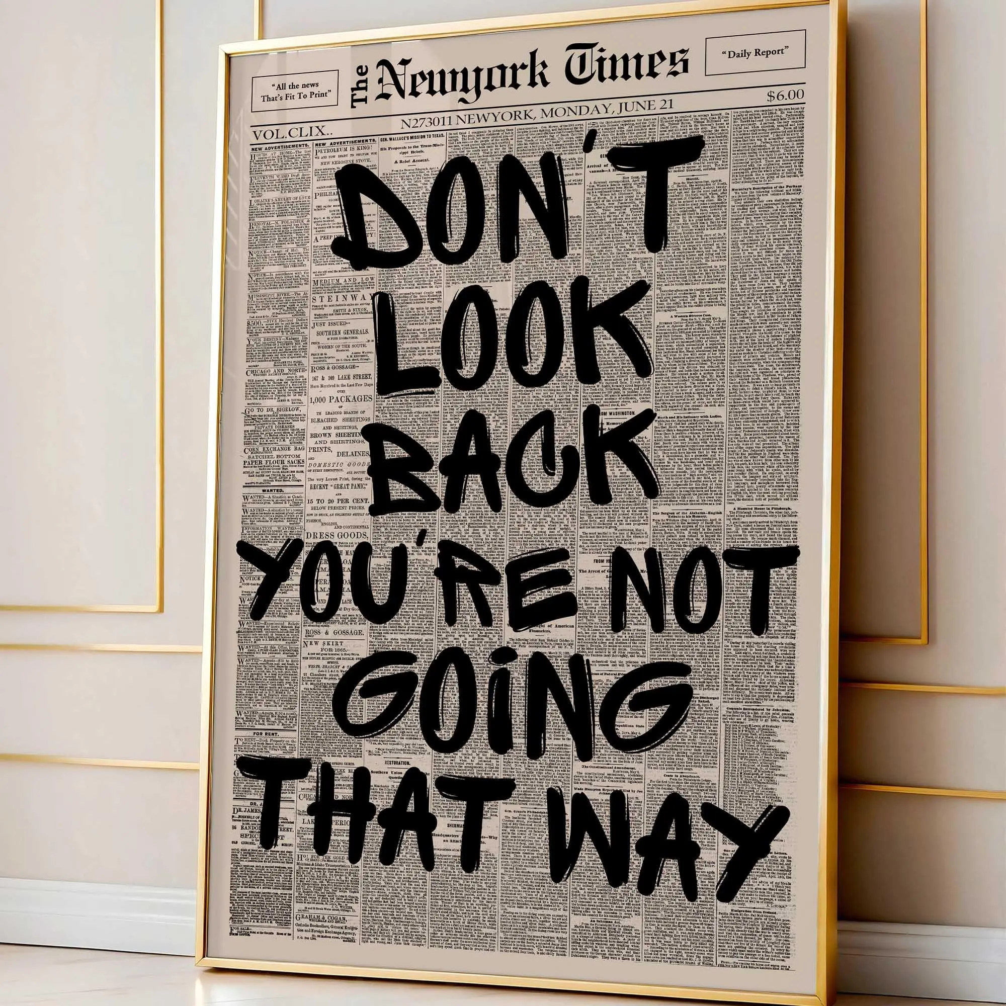 Retro Don't Look Back Newspaper Poster, Trendy Wall Art, Apartment Aesthetic Print, Typography Poster, Aesthetic Print, Wall Decor