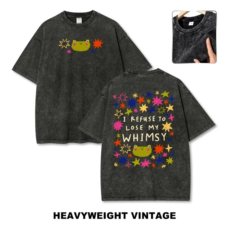 Men's 100% Cotton Crew Neck Short-Sleeve Pre-Shrunken Washed Vintage Whimsical Frog & Stars Graphic Tee - Oversize Fit, Soft Fabric, Easy-Care, Casual Streetwear Menswear Top