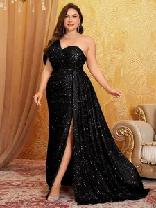 【Plus Size】 Glitter Sequins One Shoulder Evening Dress, Elegant Backless Split Long Dress for Party & Banquet, Women's Clothes for All Seasons, Womenswear