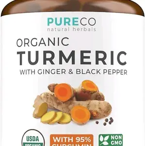 USDA Organic Turmeric Curcumin with Black Pepper and Ginger (2 Month Supply) Joint Support Supplement with Tumeric and Ginger Root Powder - Organic Turmeric Supplement - 60 Vegan Capsules (No Pills)