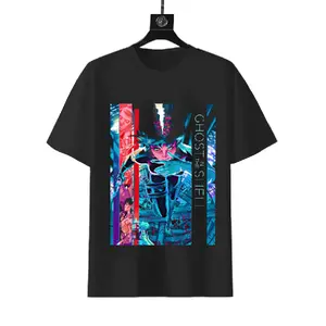 Ghost in the Shell Motoko Kusanagi Neon Cyberpunk Graphic T-shirt, 180g Cotton Anime Fan Tee, Retro Sci-Fi Aesthetic Short Sleeve Shirt