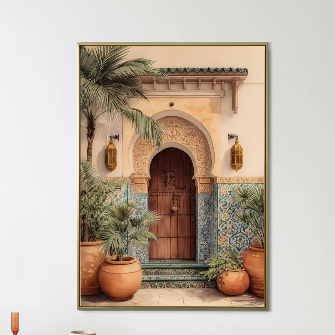 Moroccan Courtyard Wall Art Poster, Ornate Arch Door with Palm Trees & Blue Tile Print, Warm Mediterranean Decor for Living Room Bedroom Hallway