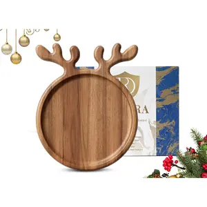 Acacia  Serving Platter, Christmas Decorative Reindeer Antler, 12"x10"Round Wooden  Dish Display Plate, Charcuterie Board Tray for Cheese Fruit, Kitchen  for Mother's Day ( Box)