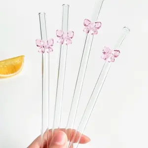 Cute Bow Transparent Glass Straw Set, Reusable Bent Thick Glass Straws, Kitchen Accessories, Cold Drinks, Coffee, Juice, Party Supplies