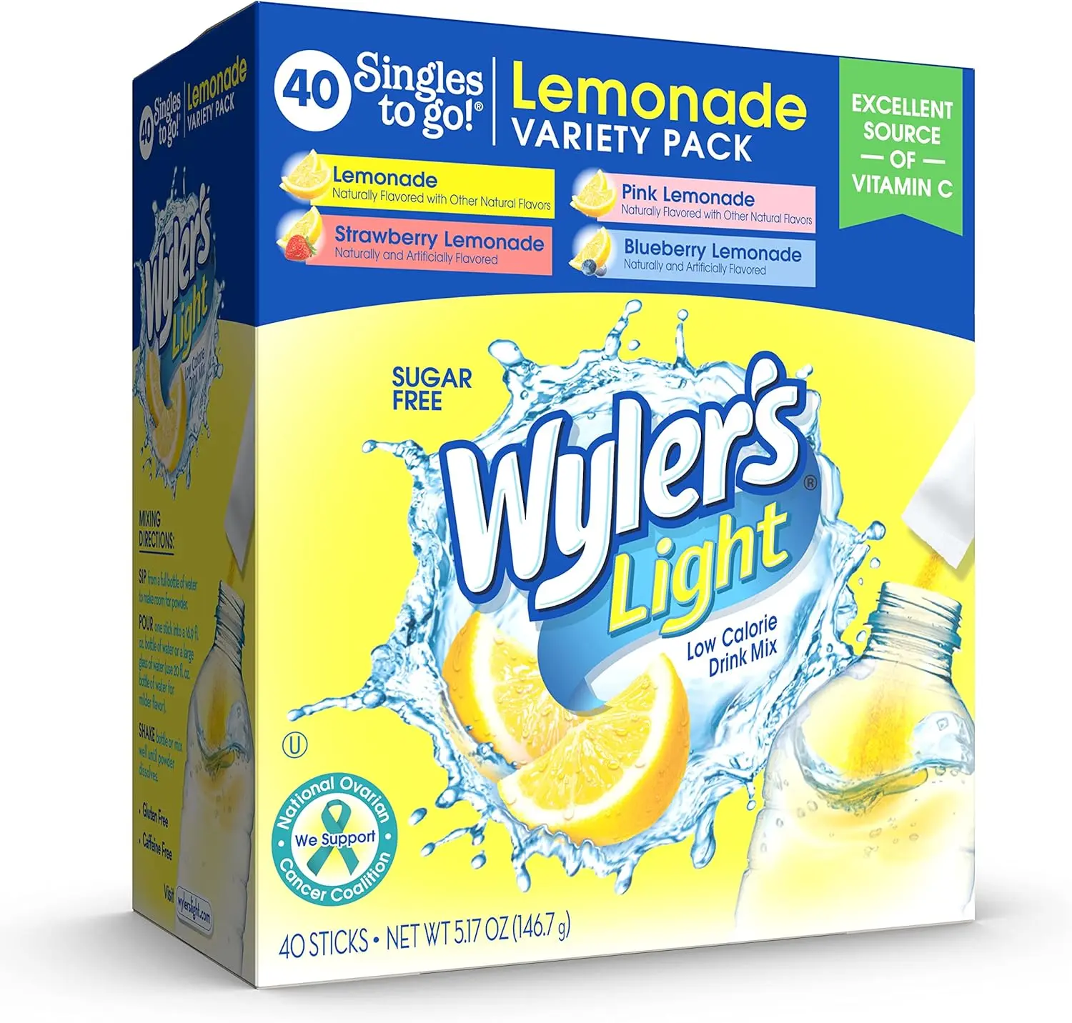 Wyler's Light Lemonade Variety Pack, 40 ct Singles to Go Powder Packets, Water Drink Mix, Variety Pack, Pink, Strawberry & Blueberry Lemonade, Sugar & Caffeine Free, On-The-Go,(Pack of 1)