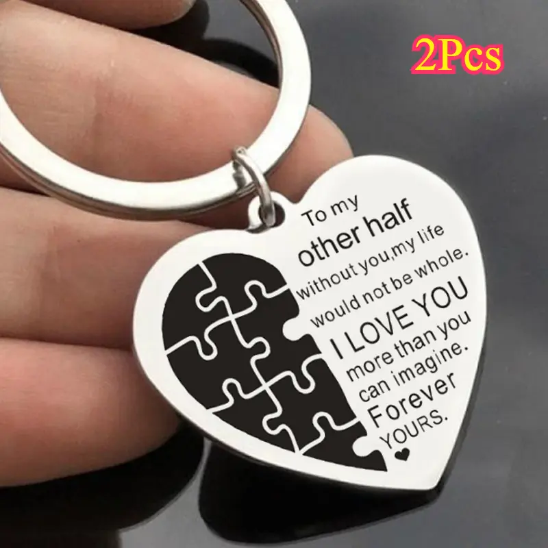2Pcs Heart Design Couple Keychains - Engraved Romantic Message, Customizable Fashion Accessory for Mother's Day Partner Gifting, Heart Design Keychain, Couple Keychain