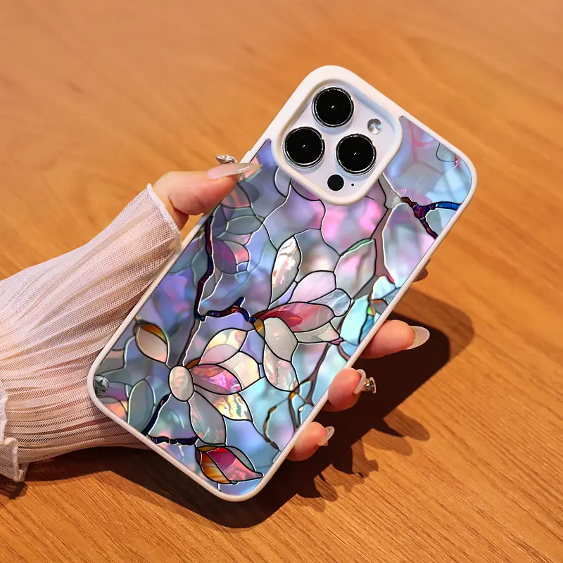 Floral Glass Art Aesthetic Handheld Silicone-Metal Customized Phone Case - Shockproof, Durable Cover Protector, Mobile Device Electronic Accessory