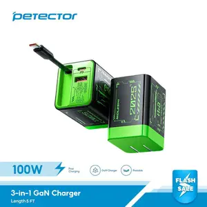 Retractable 3-in-1 GaN Charger, Type C Cable and Dual Ports, 100w Max Fast Charging Module for iPhone 16/15, Samsung Galaxy, Laptops, Android Smartphone