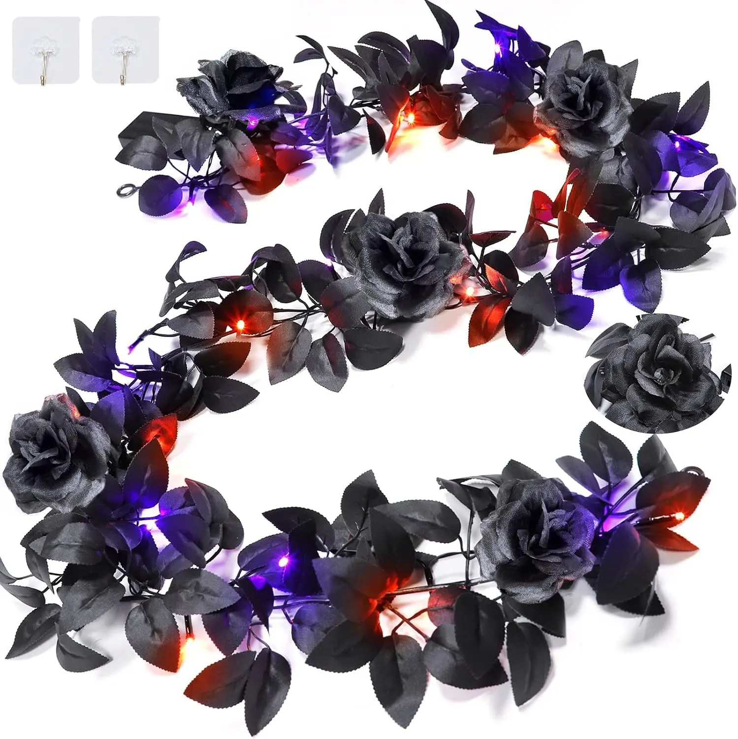 Timer 6 Feet Halloween Garland with Lights and Black Roses Halloween Decor | Artificial Black Garland 20 LED Purple & Orange Lights for Halloween Decorations Indoor Outdoor Table Fireplace Home Decor