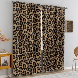2pcs leopard print decorative perforated curtains, Home decoration curtain, semi transparent to protect privacy, made of polyester fabric, hanging, wear-resistant and wrinkle resistant, machine washable and non fading, suitable for home decoration