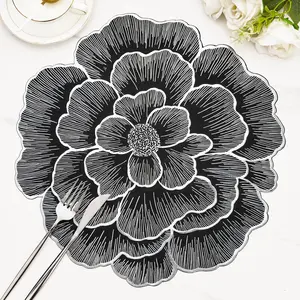 6 Pack Silver Placemats Round Floral Table Mats Bulk Metallic Pressed Vinyl Table Place Mats for Dining Table Wedding Birthday Home Decoration