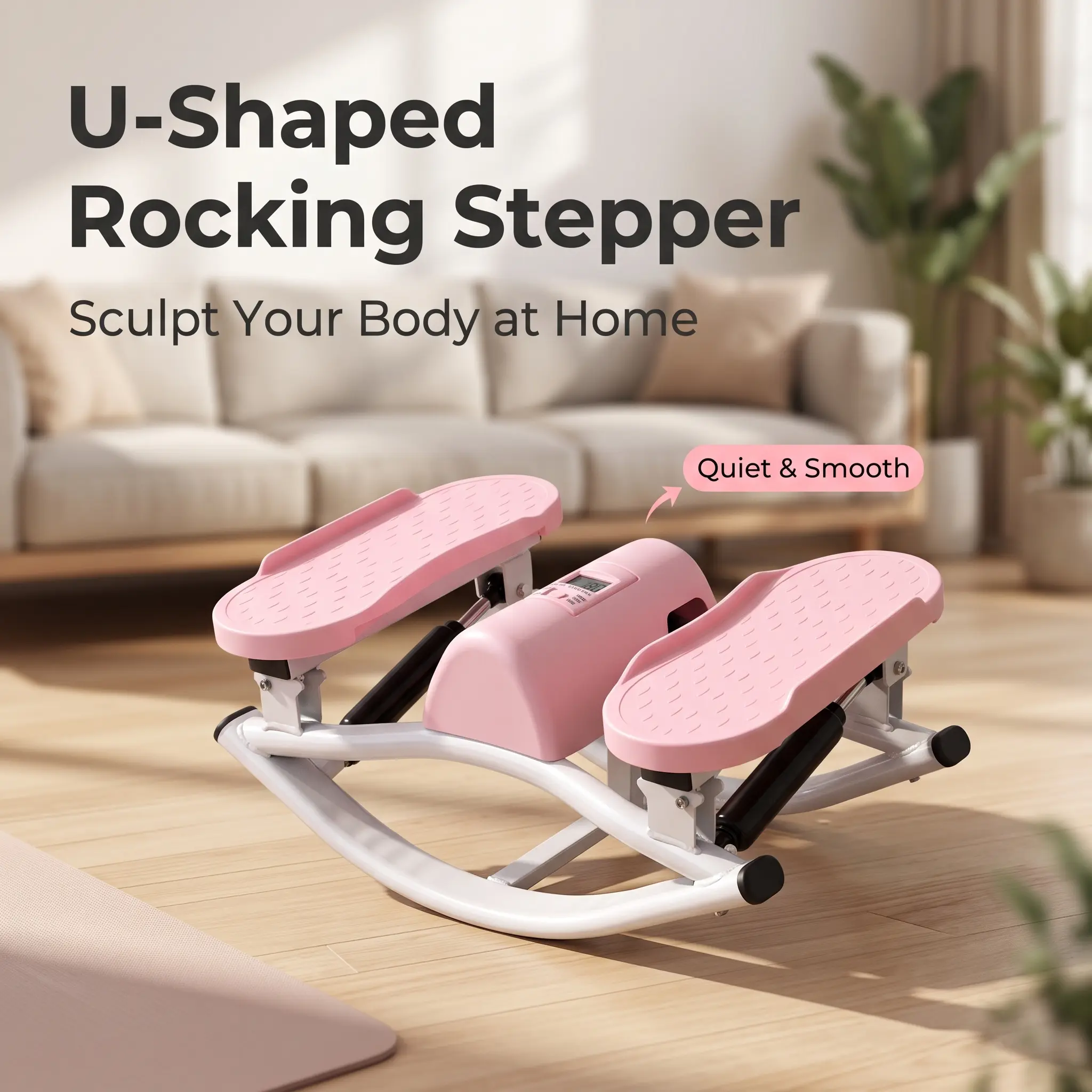 Silent U-Shaped Rocking Stepper with LCD Counter, Anti-Slip Portable Indoor Muscle Training Equipment, Available in Pink and Grey for Home & Office Workout