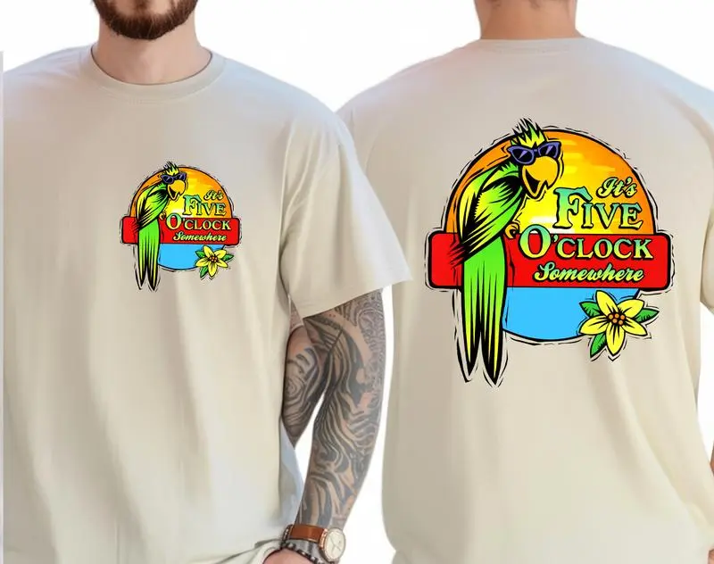 It’s 5 O’Clock Somewhere Jimmy Buffett T-Shirt, Funny Music Quote Graphic Tee for Beach Lover, Made in USA, Casual Streetwear Graphic Tees, Menswear, Womenswear