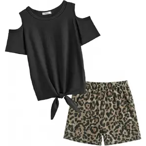 Girls 2 Pieces Short Sets Outfits Short Sleeve Tie Knot T-Shirts and Casual Shorts With Pockets Cute Clothes Sets