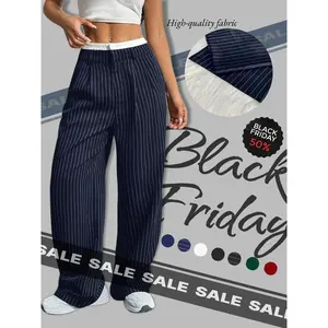 Women's All Over Striped Print Pocket Wide Leg Pants, Casual Comfy Trousers for Spring & Fall, Women's Bottoms for Daily Wear, Boho Festival Trousers