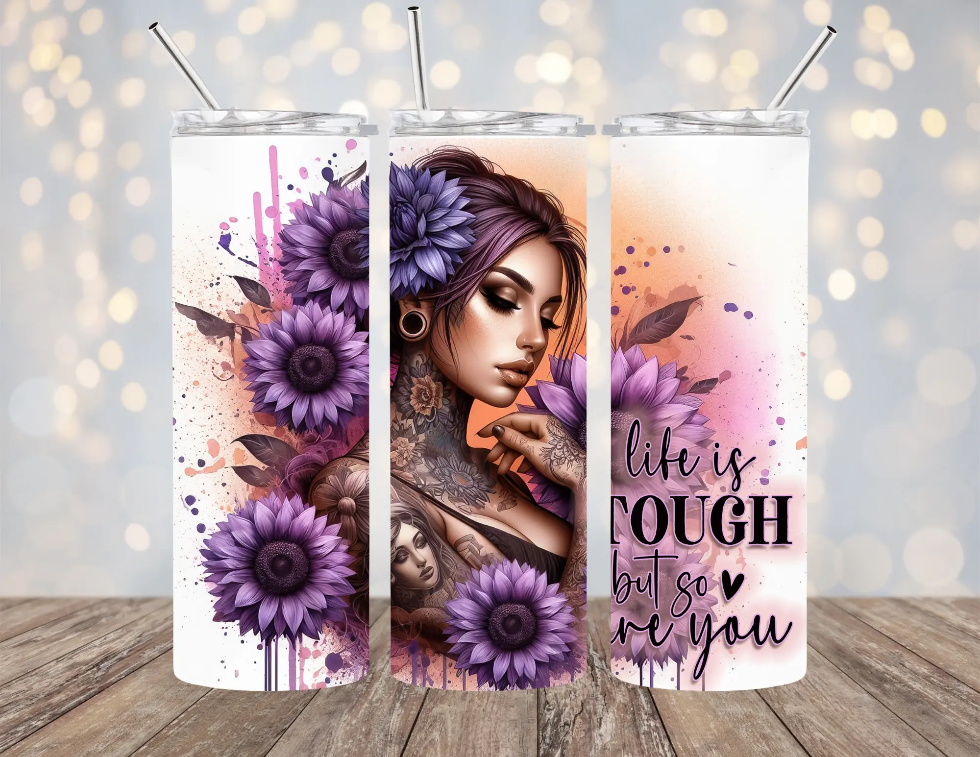 20 OZ TATTOO GIRL/ INSPIRATIONAL/ POSITIVE VIBES INSULATED SKINNY TUMBLER W/ STRAW