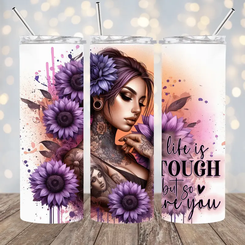 20 OZ TATTOO GIRL/ INSPIRATIONAL/ POSITIVE VIBES INSULATED SKINNY TUMBLER W/ STRAW