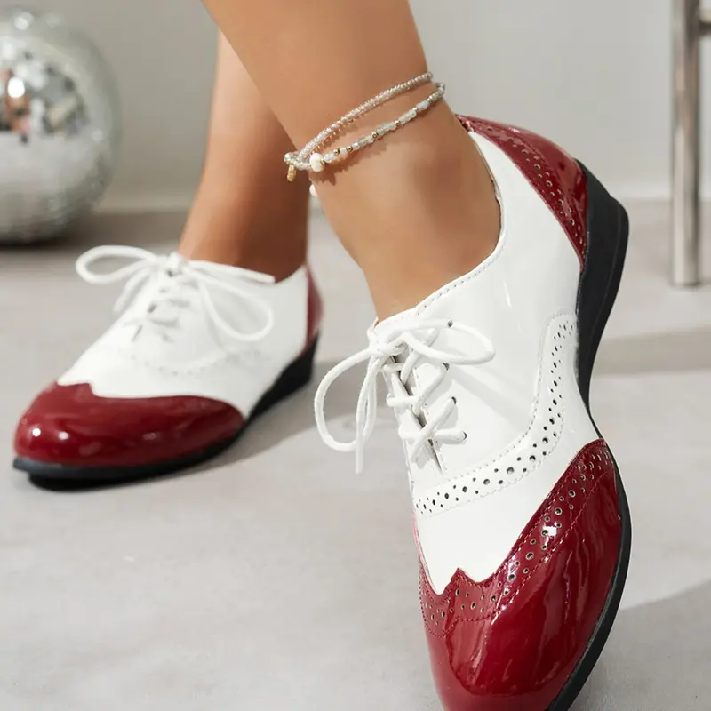 Women's Classic Red & White Color Block Brogue Shoes | Shiny Perforated Design Comfortable Wedge Heel Non-Slip Rubber Sole Retro British Style Commute & Daily Wear Lace-Up Oxfords, Round Toe Oxfords, Footwear