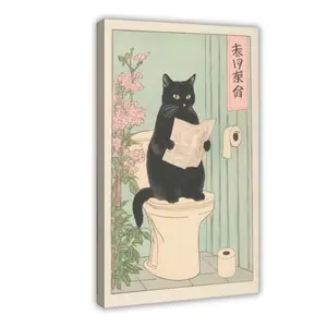 Japanese Black Cat Reading Newspaper Posters Animal Sitting On The Toilet Canvas Wall Art Aesthetic Minimalism Prints Painting For Bathroom Home Bedroom Dorm Wall Decor