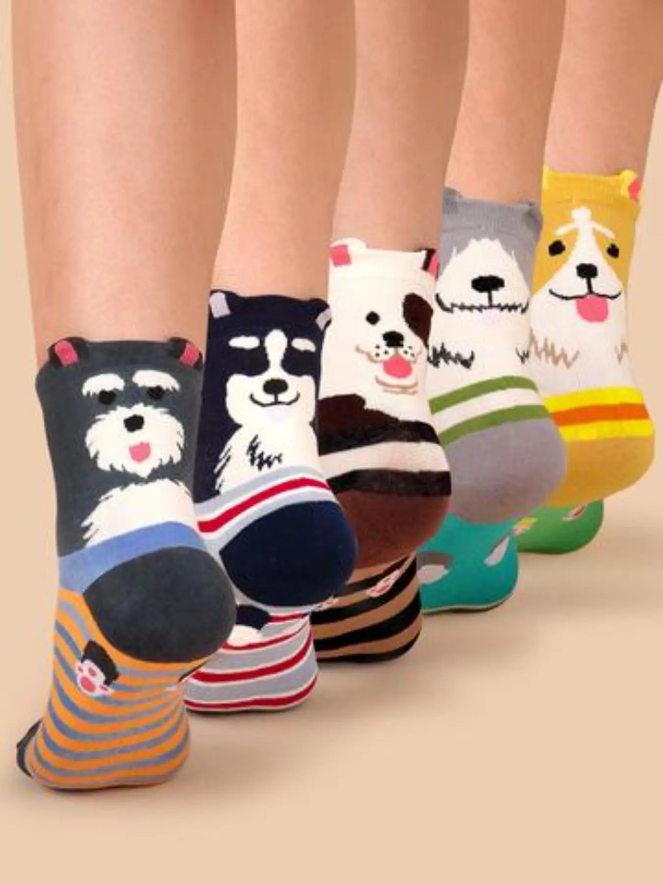 5 Pairs Women's Socks, Cartoon Puppy Striped Mid-Calf Socks, Trendy Long Socks, Sweat-Wicking Odor-Resistant Casual Fashion Socks