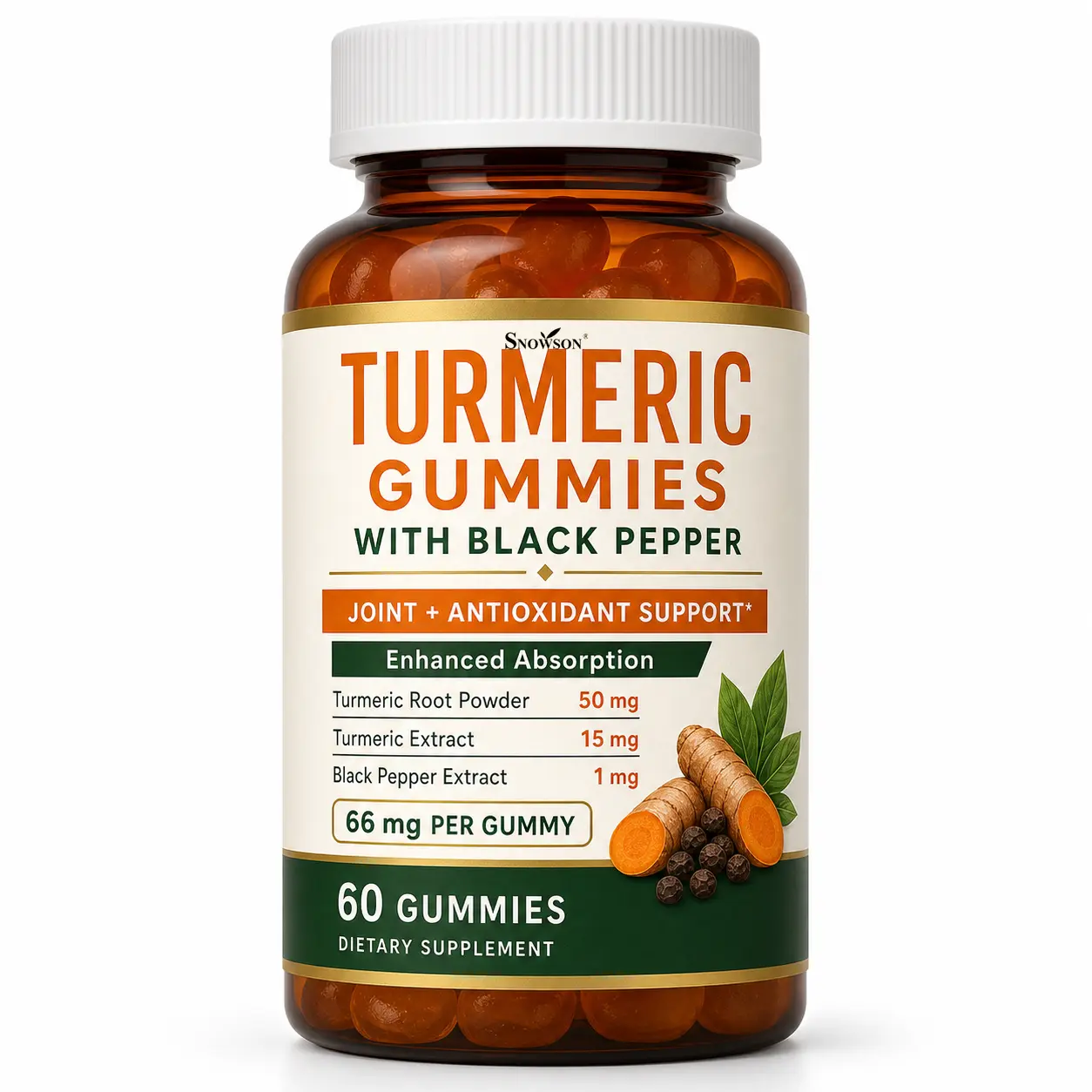 SNOWSON Turmeric Gummies with Black Pepper, Joint Comfort & Antioxidant Support, 66 mg per Gummy, 60 Count, 30 Servings, Adult Dietary Supplement