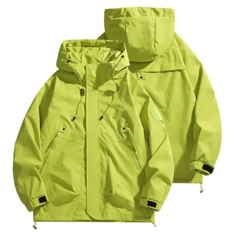 Men's Fluorescent Green Plain Long Sleeve Hooded Trench Coat - Adjustable Lightweight Workwear Jacket, Windproof, Water-Resistant Oversized, Drawstring Hood & Hem, Velcro Cuffs, 2 Zipper Side Pockets for Spring, Autumn Outdoor Mountaineering, New Year, Ad