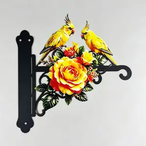 Metal Rosella Parrot Hanging Bracket, Rust-Proof Outdoor Wall Hanger, Double-Sided Color Printing, Rustic Farmhouse Garden Theme Decor
