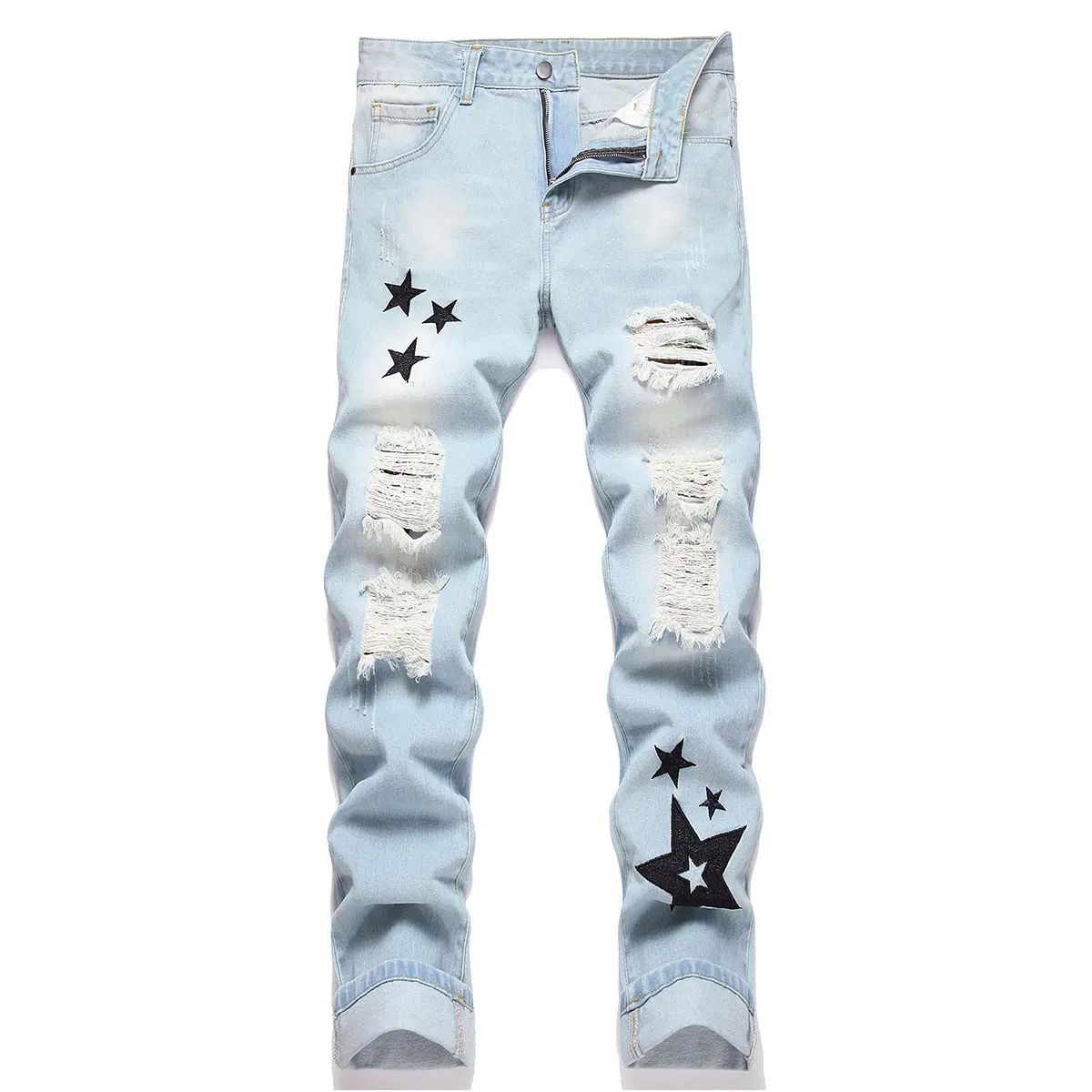 Blue Ripped Jeans for men Straight Leg Fashion Comfort Mid Waist Denim Pants Star Embroidery Y2k Streetwear Suitable For All Seasons