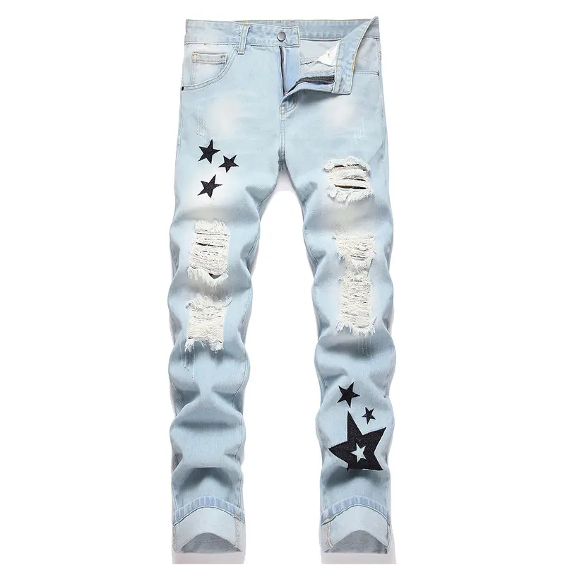 Men's Blue Woven Denim Ripped Hole Jeans - Mid Waist, Straight Leg, Distressed 00s Y2k Star Embroidery Graphic Clothing, Regular Size, All Seasons Streetwear
