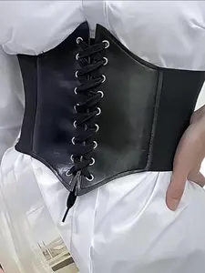Women's Classic Wide Waist Belt with Lace-Up Design, PU Elastic for Casual Outings and Evening Dates, Versatile Business Style Belt for All Seasons, PU Leather Belts, Adjustable Belts