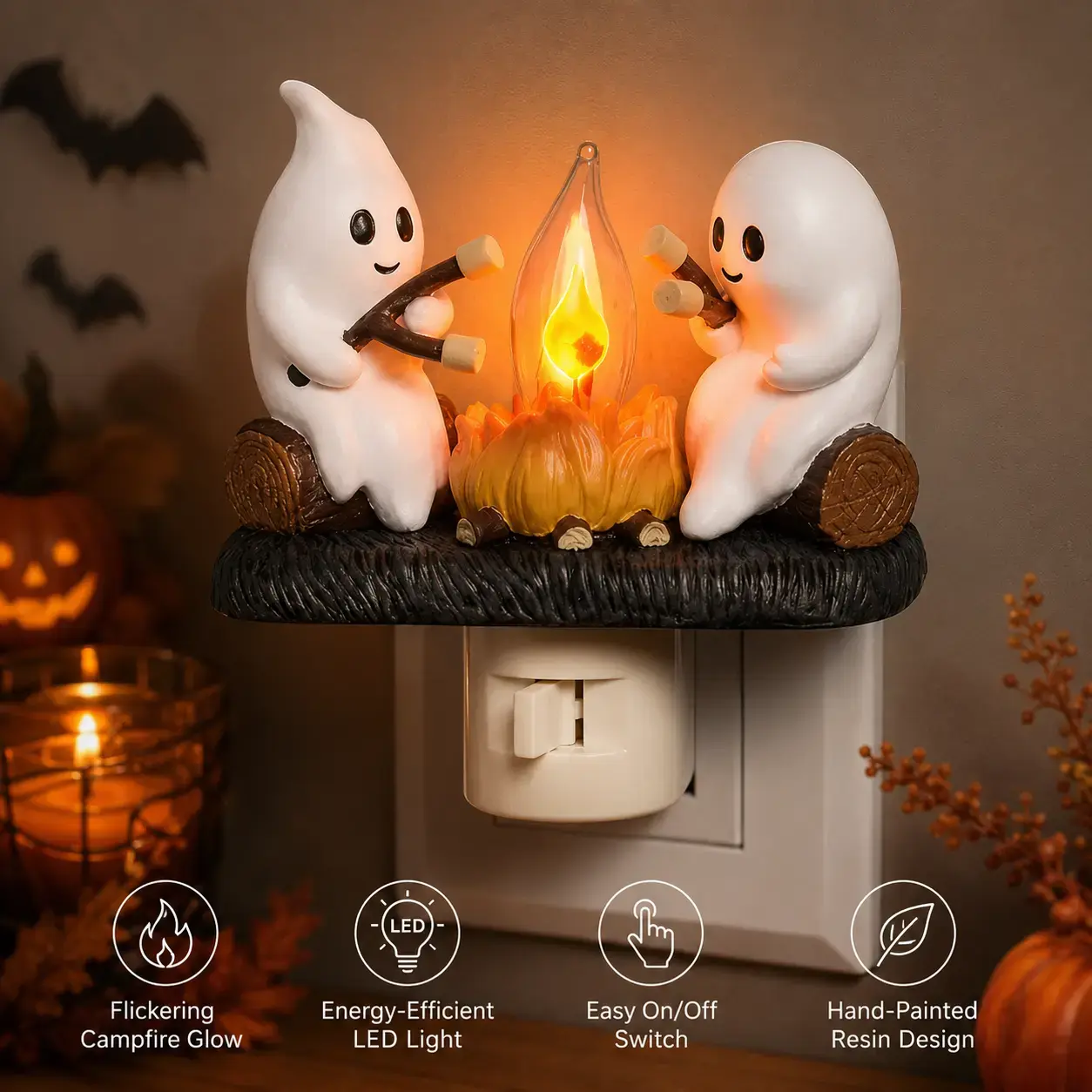 Compact Resin 3D Flickering Campfire LED Nightlight - Halloween & Christmas Character, Home Goods, Halloween Aesthetic, Whimsical Room Decor, Cute Indoor Holiday Gift for Bedroom Hallway