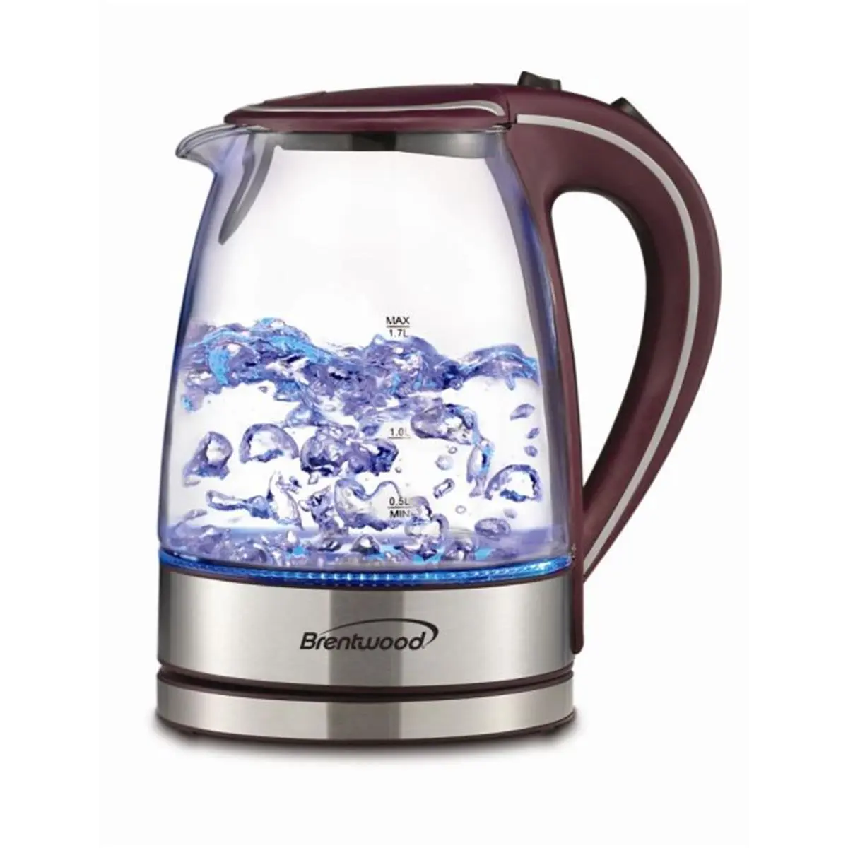 Brentwood 1.7L Tempered Glass Tea Kettle - Purple, 1100W, LED Light, Attached Filter, Cold Touch, Concealed Heating Element, Overheat Protection, Swivel Base for Camping & Hiking Camp Kitchen