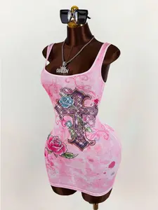 Eraik Amplova Women's Slim Fit Cross Print Crew Neck Sleeveless Mini Dress For Summer,Boho Clothes Women