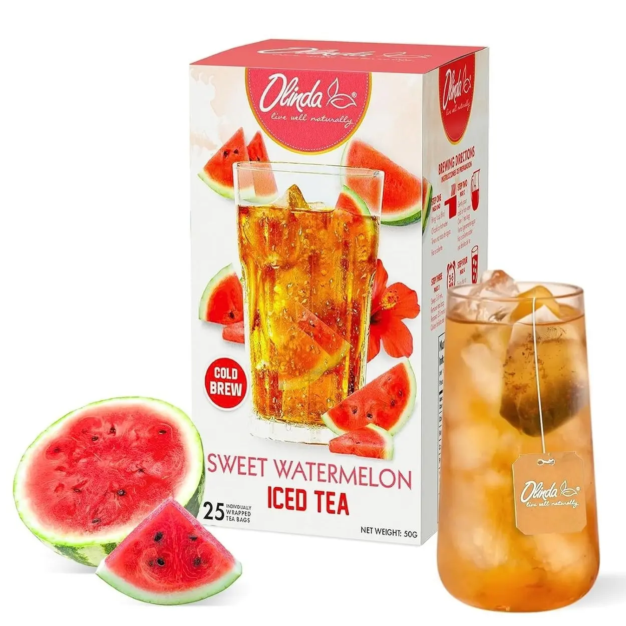 Olinda Iced Tea Sweet Watermelon Iced Tea Bags Cold Brew Herbal Green Tea Summer Drink Hot and Cold Brew Natural Sucralose Sweetened Fruity Flavored Healthy Caffeinated Tea