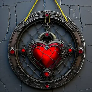 Gothic Red Heart Stained Glass Suncatcher - 2D Flat Round Hangable Ornament, Light-Filtering Home Garden Window Room Decor, Hanging Frame Gift