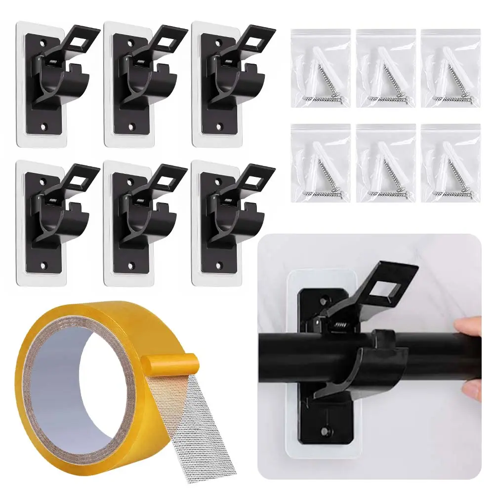 6-Pack Decorative Self-Adhesive Stainless Steel Curtain Rod Brackets - No-Drill Hanging Installation, 17LB Load Capacity, Fits Max 1.2'' Rod, for Bathroom, Living Room Home Improvement Wall Holders