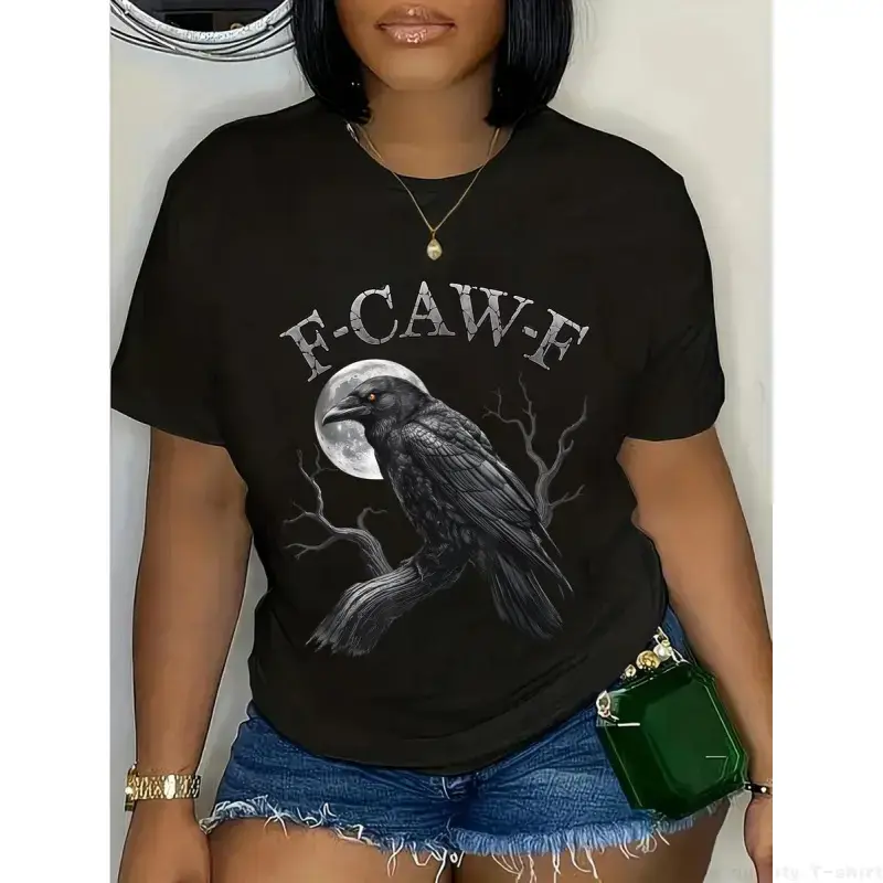 Men's Short-Sleeve Cotton T-Shirt - Black Crow Print, F-Caw-F Funny Black Bird & Moon Gothic Design, Lightweight Flat Fabric, Adult Humor, Matching Style zjy08, Prints, Shortsleeve, Graphic, Soft, Round Neck, Menswear, Tee, Streetwear, Loose, Clothes