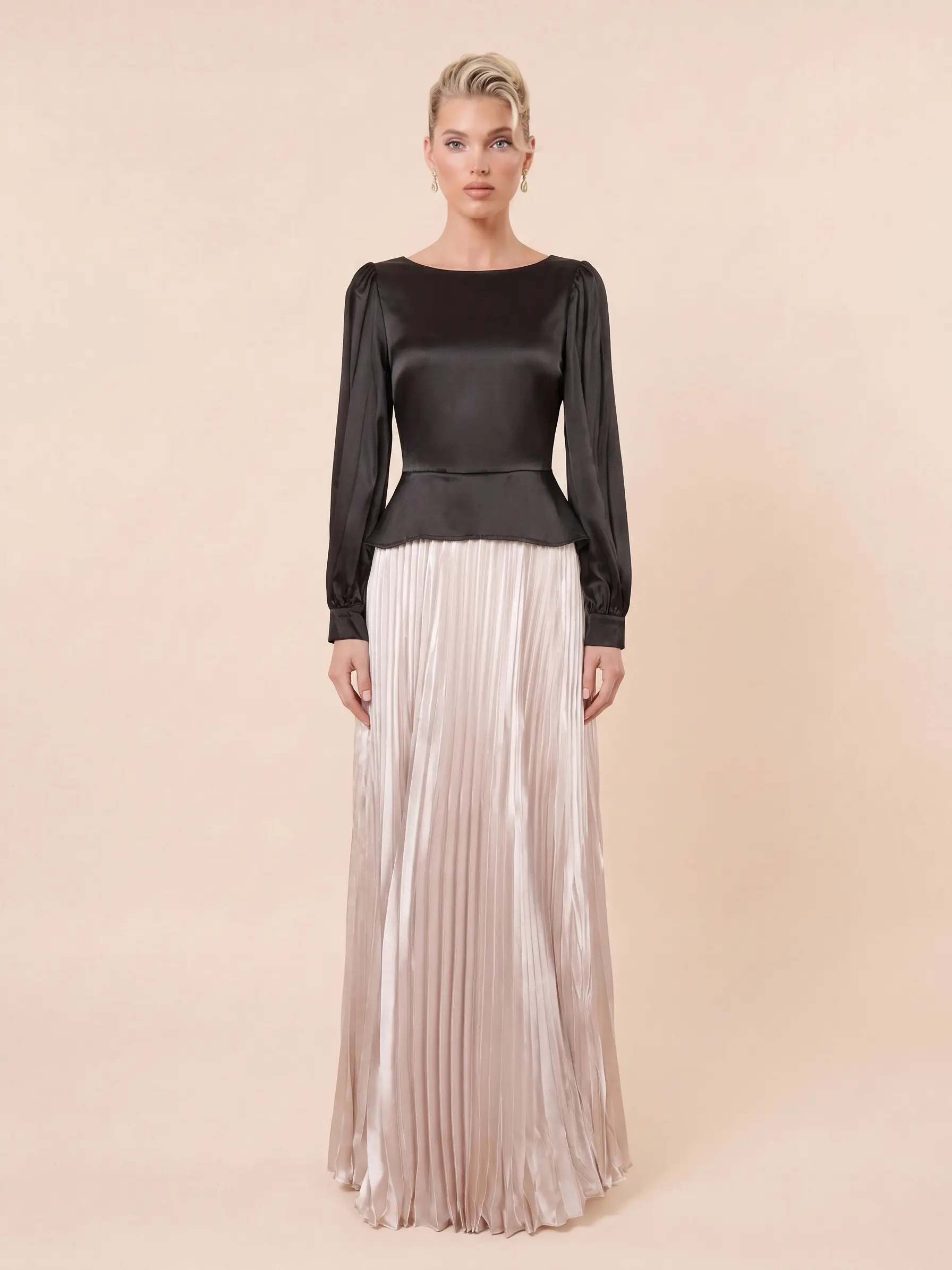LikeMyChoice Black Satin Balloon Sleeve Top & Champagne Pleated Maxi Skirt 2 Piece Formal Outfit Elegant Matching Set Women