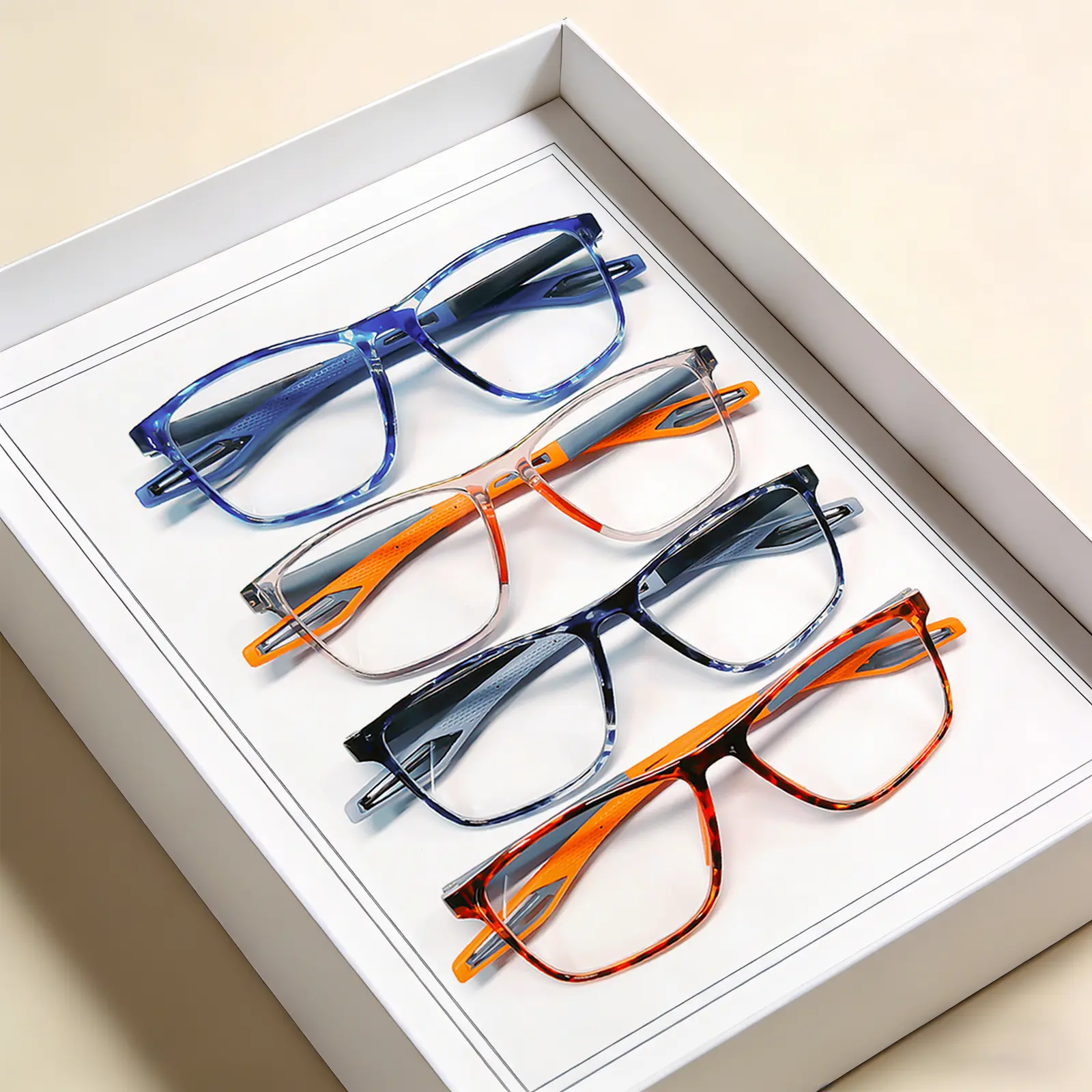 4-pack sports reading glasses for adults, square full-frame frames with spring hinges, lightweight blue light blocking reading glasses and computer glasses to reduce eye strain work， unisex unique