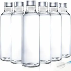 6-Piece High Borosilicate Glass Drinkware Set - 18oz Reusable Juice/Water Bottles with Lids, Protective Sleeves, and Cleaning Brush
