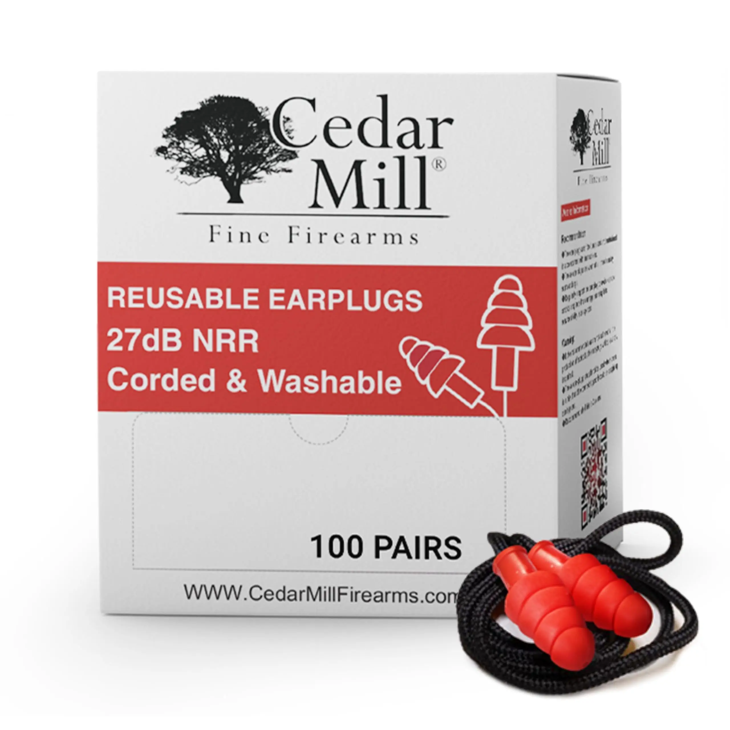 Cedar Mill Fine Firearms Reusable Corded Earplugs 27dB NRR Washable Hearing Protection for Shooting Range Red 100 Pairs