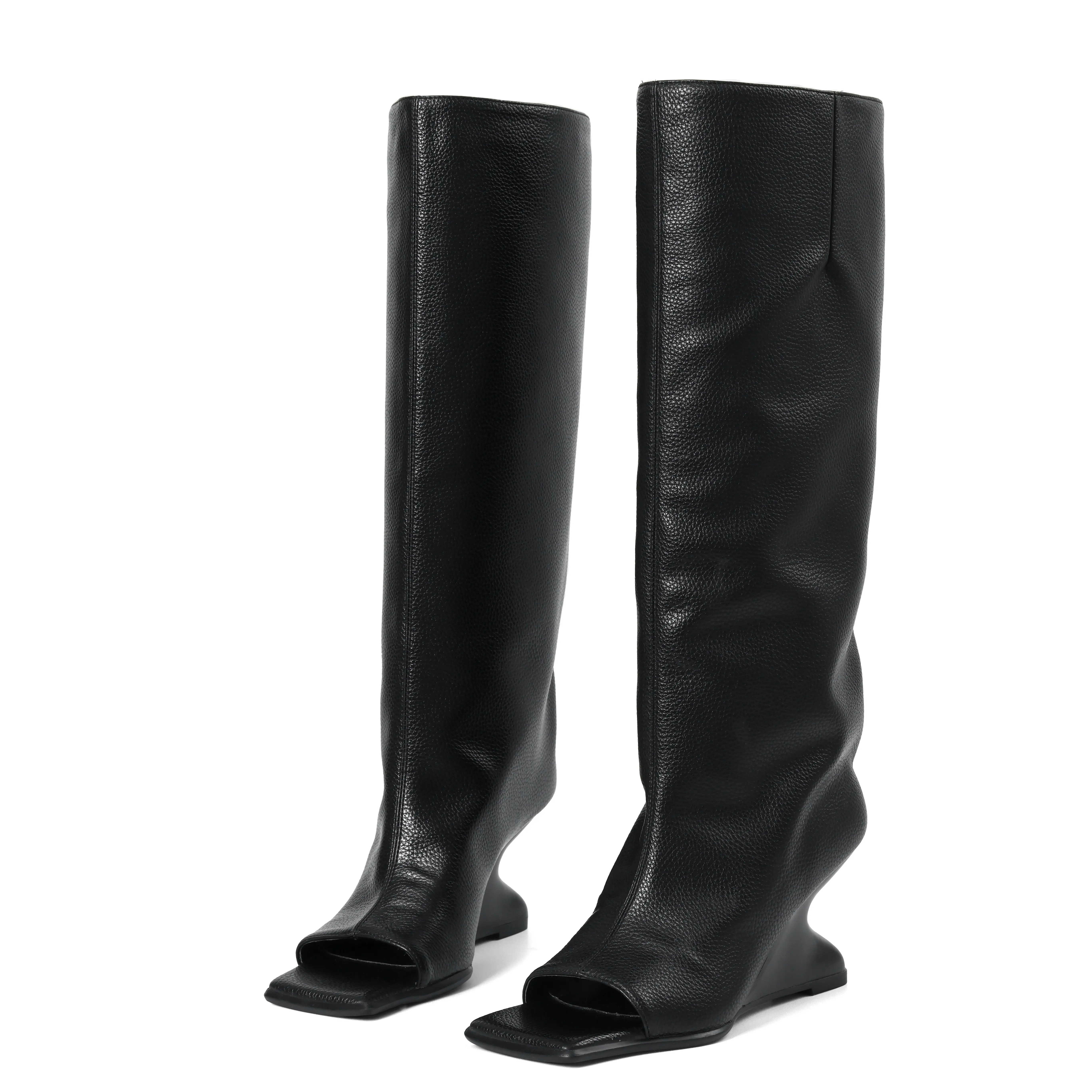 EROCALLI Custom Made Women Open Toe Square Knee High Boots Wedge Heel Faux Leather Slouch Tall Statement Footwear