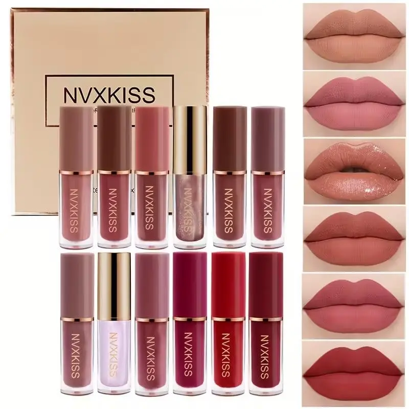 12-piece multi-colored lip gloss set, Long Lasting Lipgloss, Lip Products Makeup, with matte and fine shimmer dual textures, lightweight and smooth, brown tones versatile, suitable for daily makeup looks, exquisite gift box