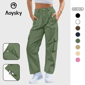 Aoysky Womens Barrel Cargo Pants High Waisted Casual Baggy Jeans Wide Leg Trendy Loose Cotton Trouser with Pockets
