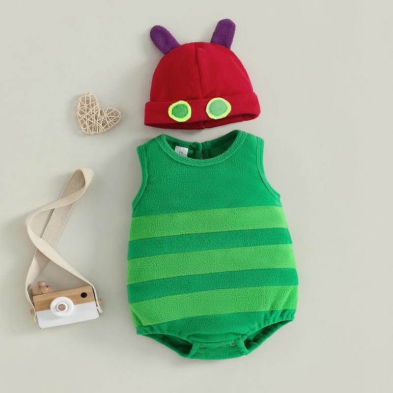 Toddler Newborn Baby Boy Girl Halloween Costume Caterpillar Costume Stripe Sleeveless Crewneck Romper + Hat 2Pcs Set My First Halloween Baby Boy Girl Outfit