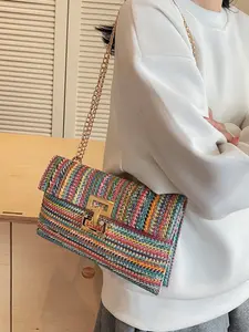 DOVA Crossbody Shoulder Bag for Women - Colorful Woven Straw Chain Strap Clutch, Rainbow Striped Summer Bag for Beach Daily Casual (11.4")