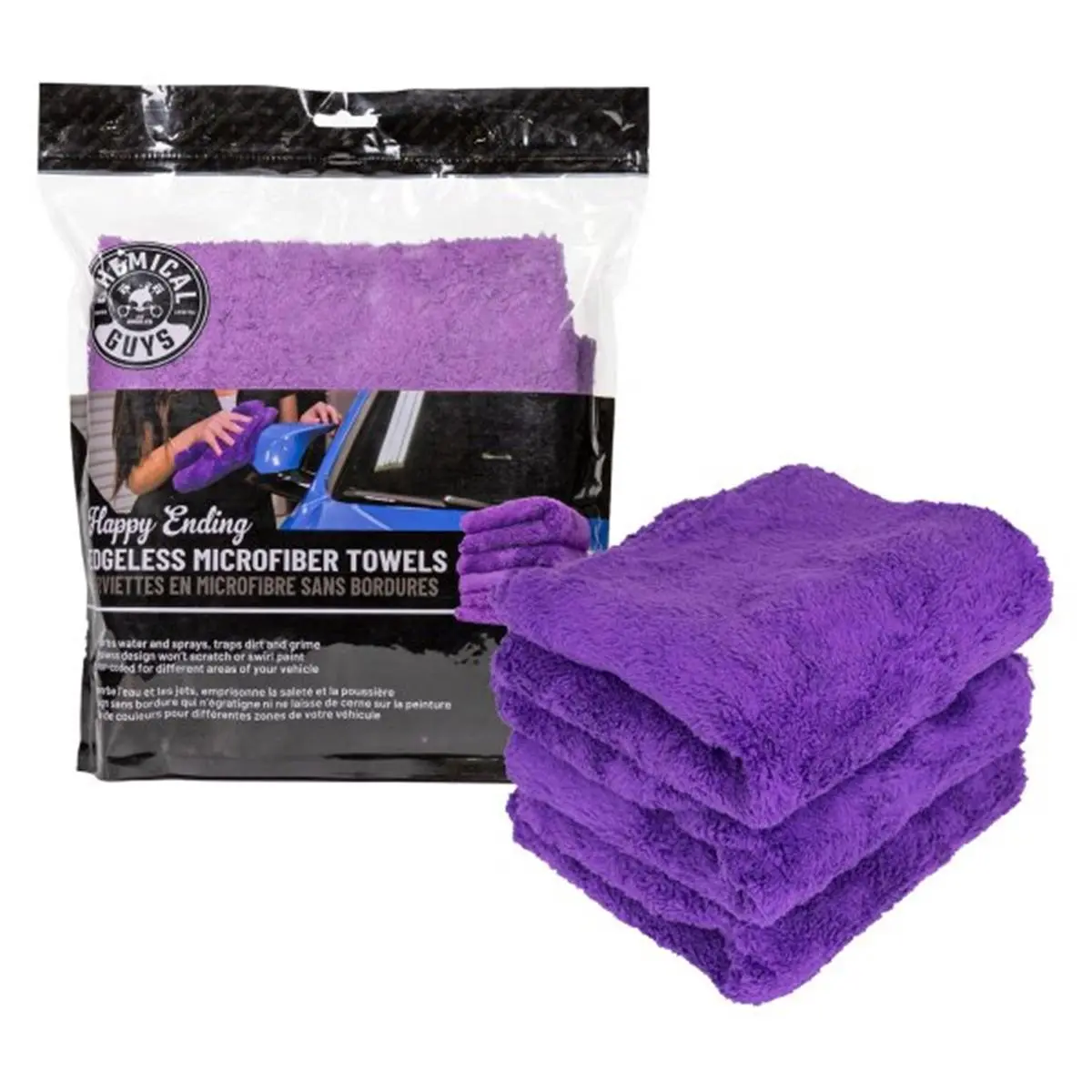 Chemical Guys CHGMIC34803 16x16 in. Happy Ending Ultra Plush Edgeless Microfiber Towel - Purple, Pack of 3, Drying Towel, Water-Absorbing Cloth, Ultra-Absorbent Cloth, Drying Towel Cloths, Microfiber Water-Absorbing Cloths
