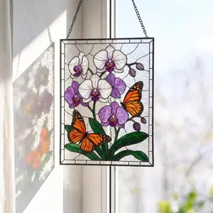 Monarch Butterfly Suncatcher, Stained Glass Orchid Panel, Rectangular Window Hanging, Purple Orchid Decor.