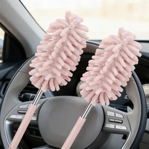 2PCS Microfiber Round Duster Set - Bendable Heads with Bend-Head Control, Extension Pole, Scratch-Free Home Care Tool for Car, Office, Windows (Interior/Exterior), Ideal for Anniversary Gifting (Pink)