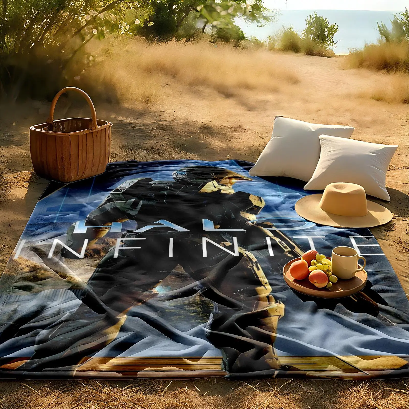 1 piece Halo: Infinite Master Chief battle scene themed flannel blanket - All-season comfortable flannel blanket, modern design style, suitable for sofas and beds, digitally printed pattern, super soft and warm, 100% polyester material, machine